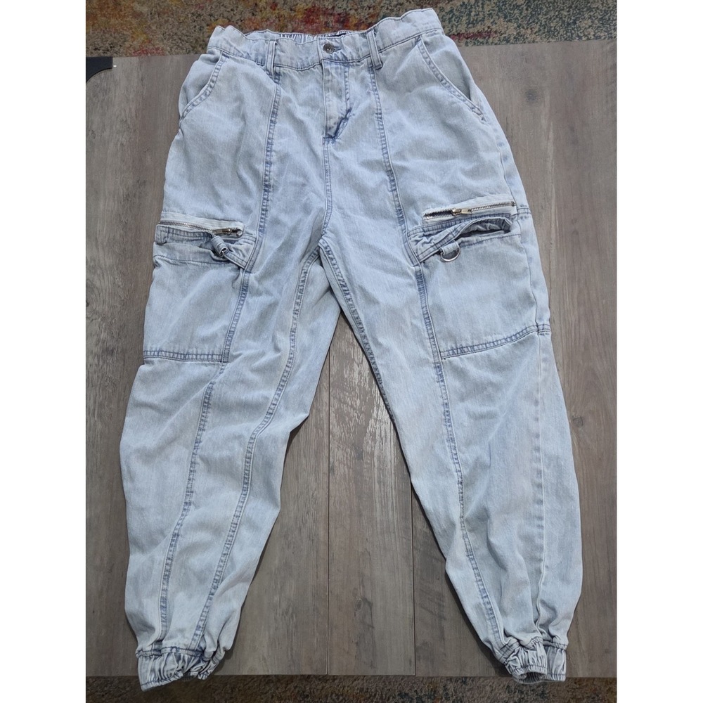 Hot Topic Womens Denim Jogger Stonewash Light Blue Cargo Pants Sz L Y2K